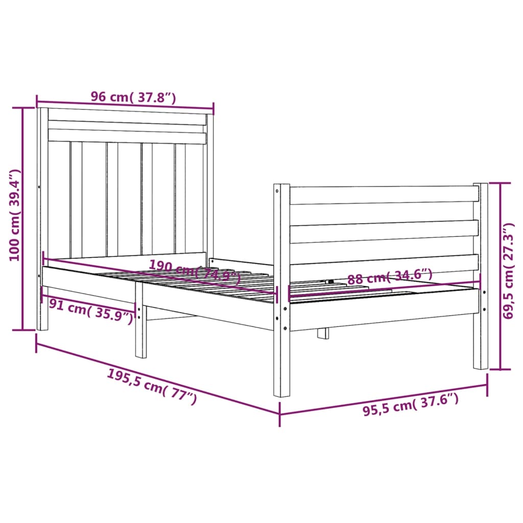 vidaXL Estrutura de cama solteiro 90x190 cm madeira maciça cinza