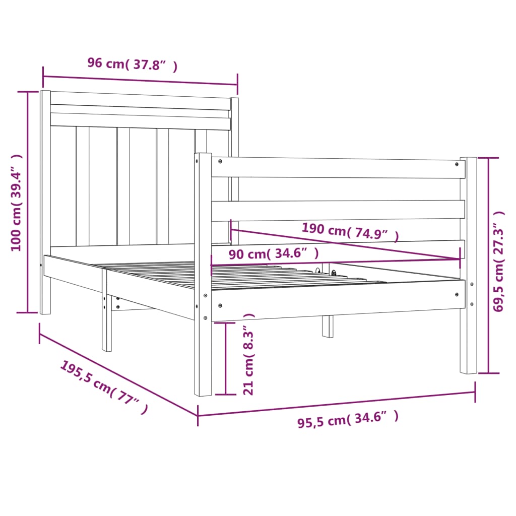 vidaXL Estrutura de cama solteiro 90x190 cm madeira maciça