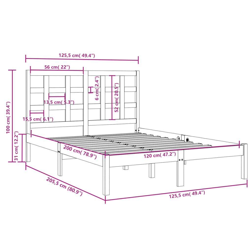 vidaXL Estrutura de cama 120x200 cm madeira maciça preto