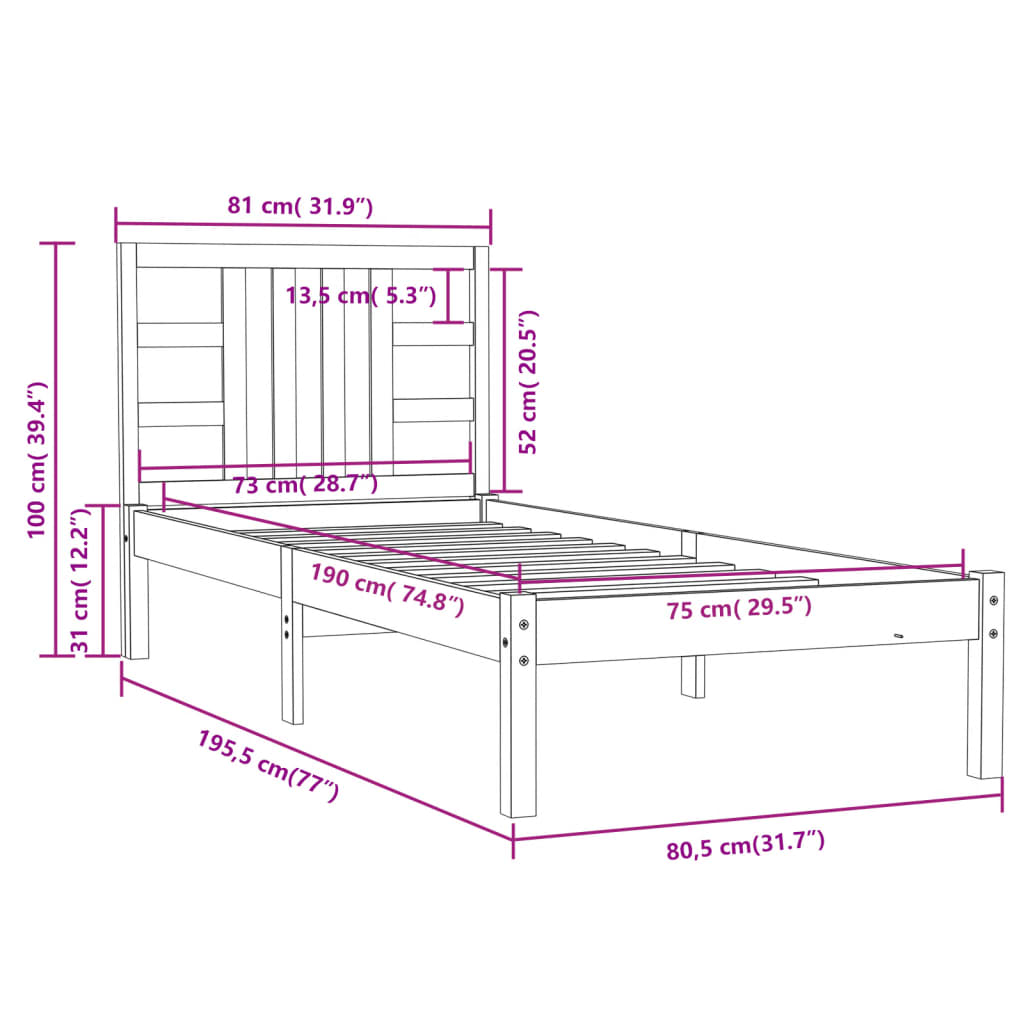 vidaXL Estrutura cama pequena solteiro 75x190 cm madeira maciça branco