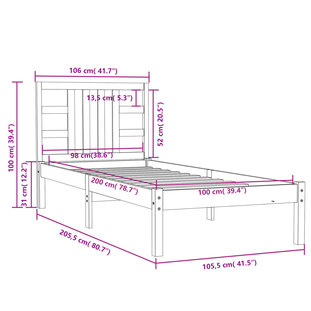 vidaXL Estrutura de cama 100x200 cm madeira maciça castanho mel