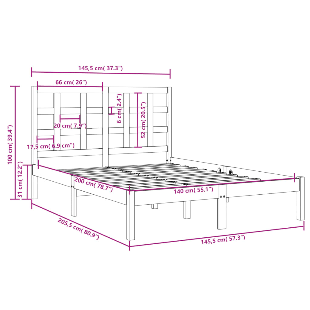 vidaXL Estrutura de cama 140x200 cm madeira maciça preto