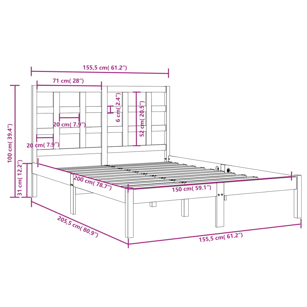 vidaXL Estrutura de cama king 150x200 cm madeira maciça branco