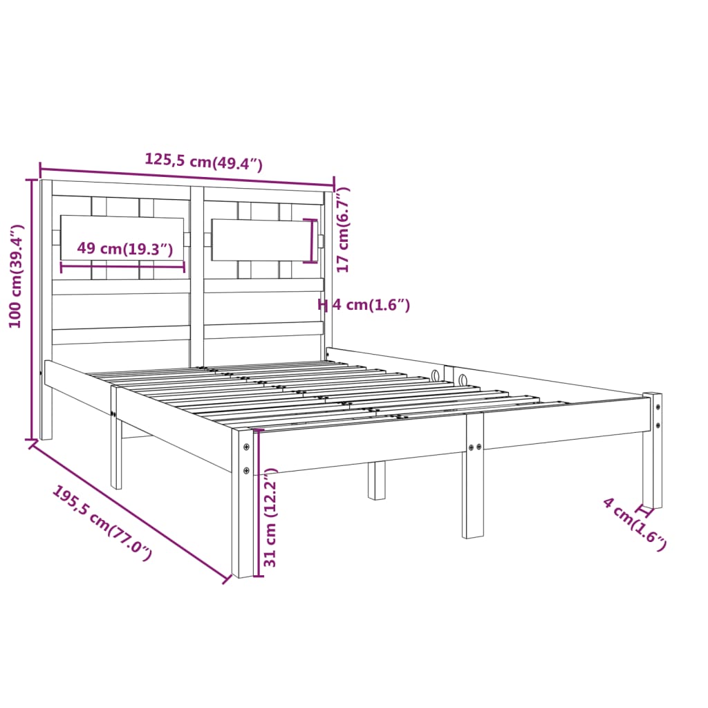 vidaXL Estrutura de cama dupla pequena 4FT 120x190 cm madeira maciça