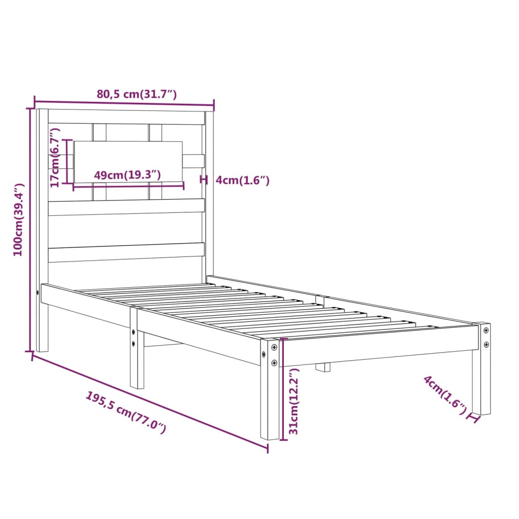 vidaXL Estrutura cama pequena solteiro 75x190 cm madeira castanho mel