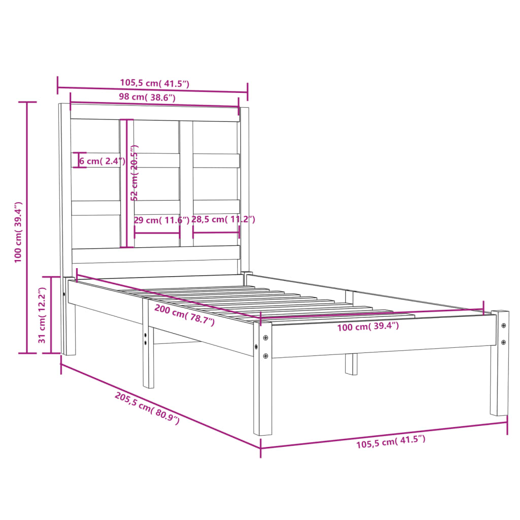 vidaXL Estrutura de cama 100x200 cm madeira maciça cinzento