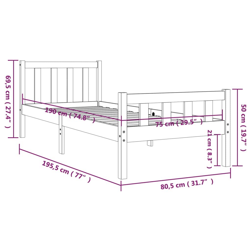 vidaXL Estrutura cama pequena solteiro 75x190 cm madeira maciça branco