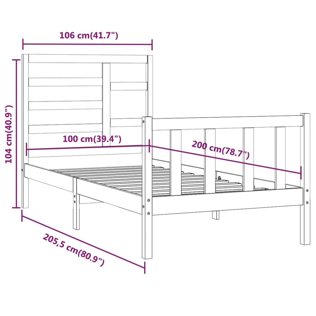 vidaXL Estrutura de cama 100x200 cm pinho maciço preto