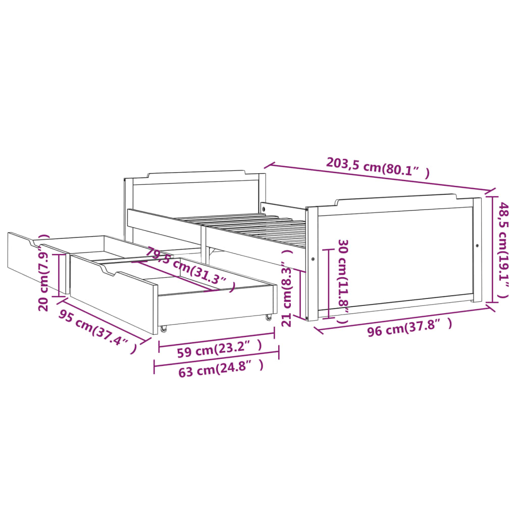 vidaXL Estrutura de cama com gavetas 90x200 cm pinho maciço