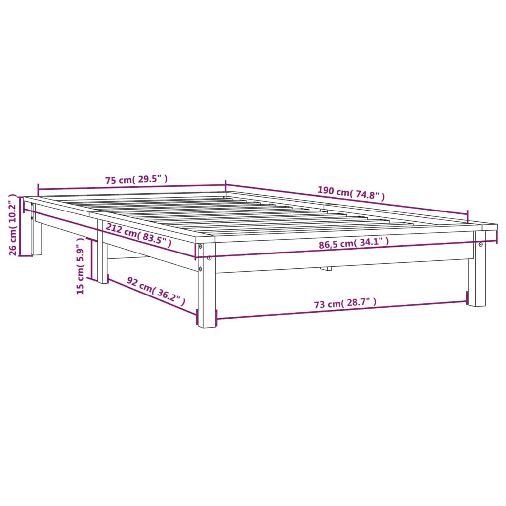 vidaXL Estrutura cama de solteiro pequena 75x190cm pinho maciço branco