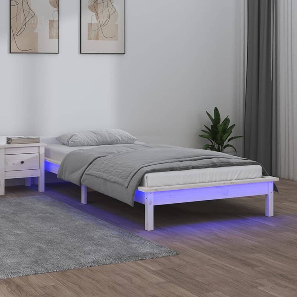 vidaXL Estrutura cama c/ LED solteiro 90x190 cm madeira maciça branco