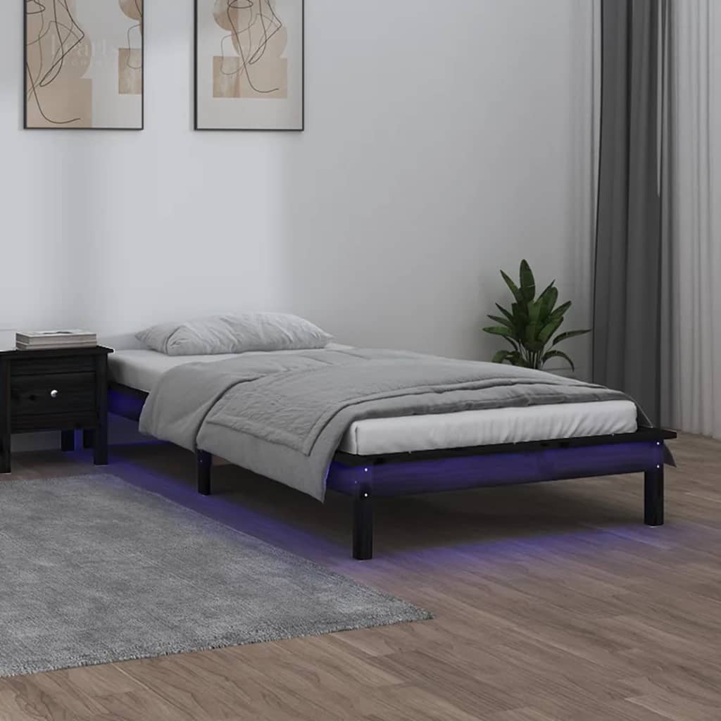 vidaXL Estrutura de cama c/ LED solteiro 90x190cm madeira maciça preto