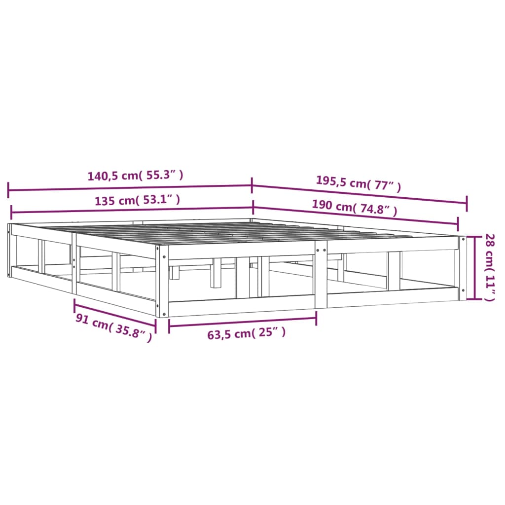 vidaXL Estrutura de cama casal 135x190 cm madeira maciça