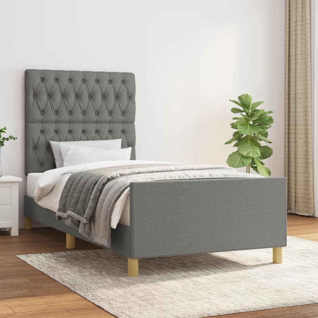 vidaXL Estrutura de cama c/ cabeceira 100x200 cm tecido cinza-escuro