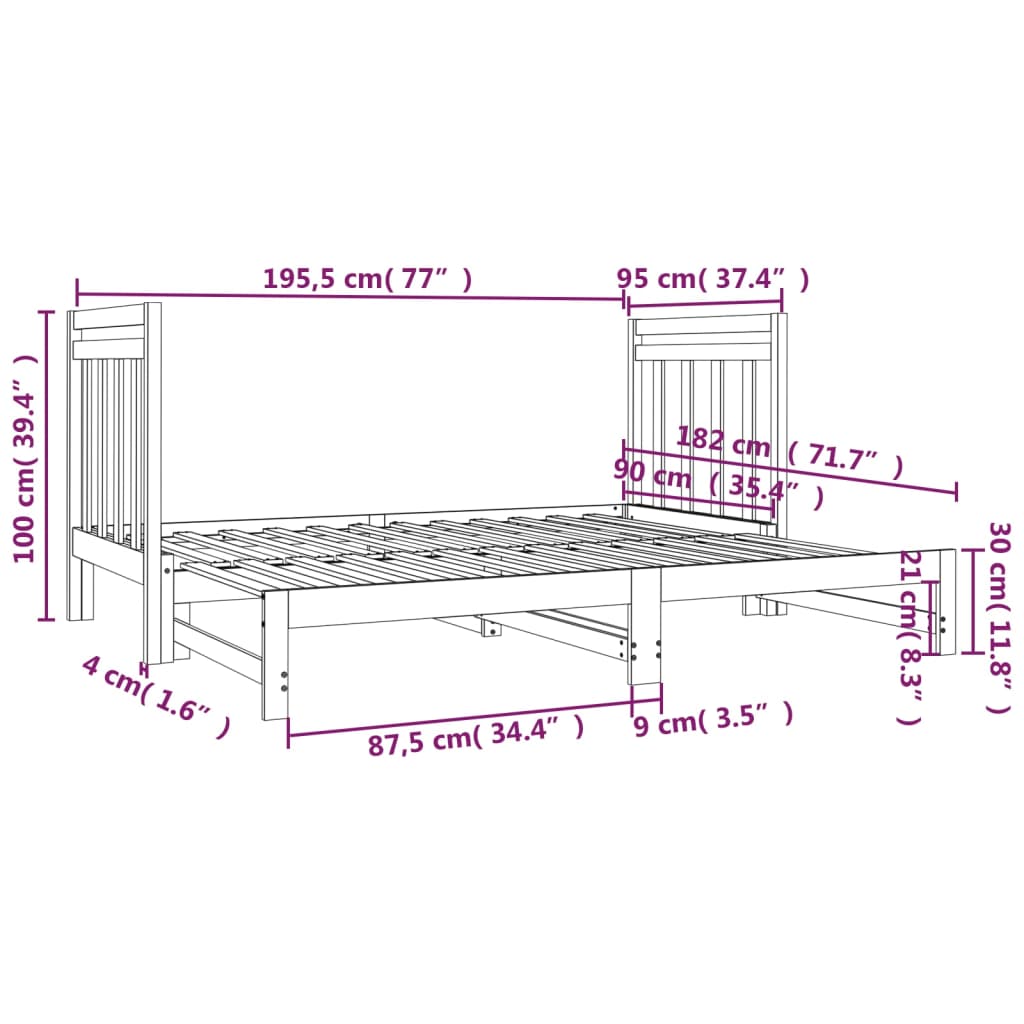 vidaXL Estrutura sofá-cama de puxar 2x(90x190) cm pinho maciço preto