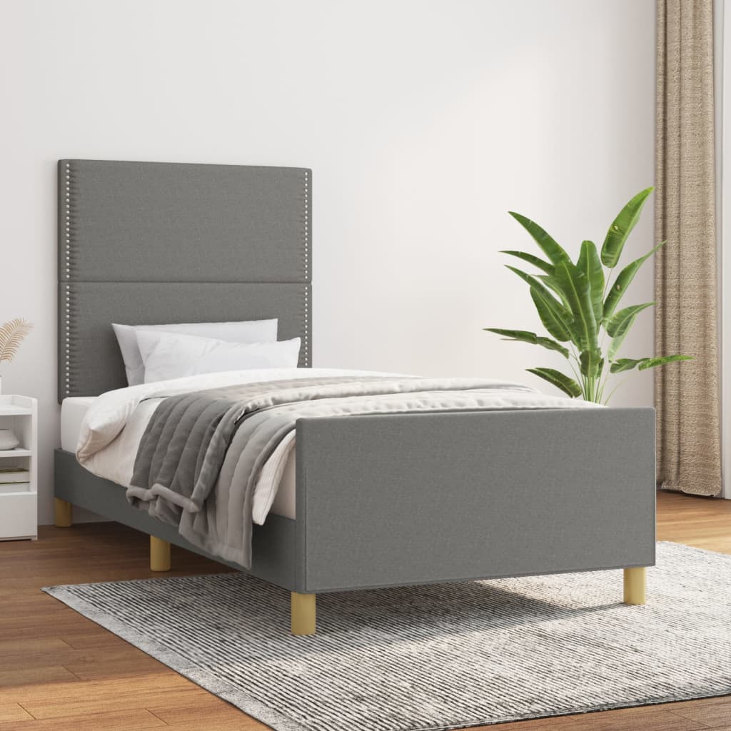 vidaXL Estrutura de cama c/ cabeceira tecido 90x190 cm cinza-escuro