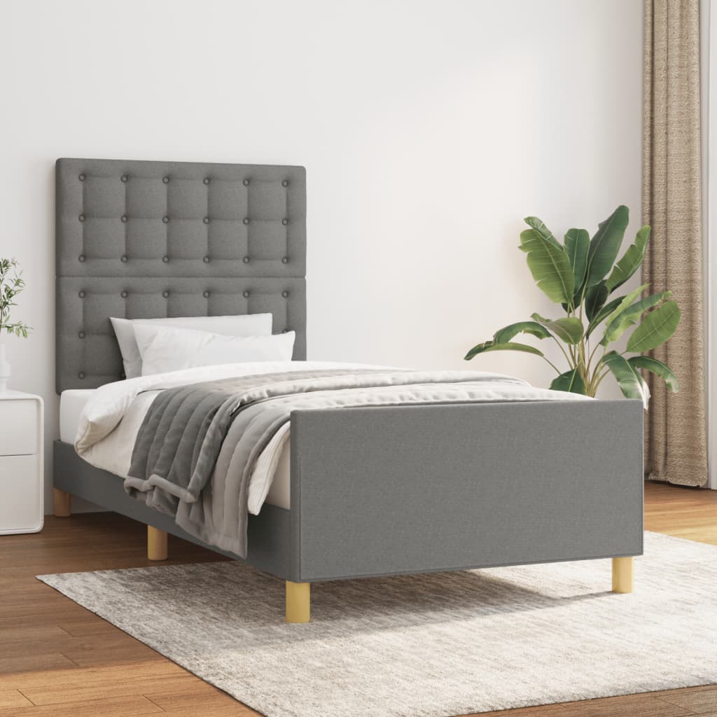 vidaXL Estrutura de cama c/ cabeceira 100x200 cm tecido cinza-escuro