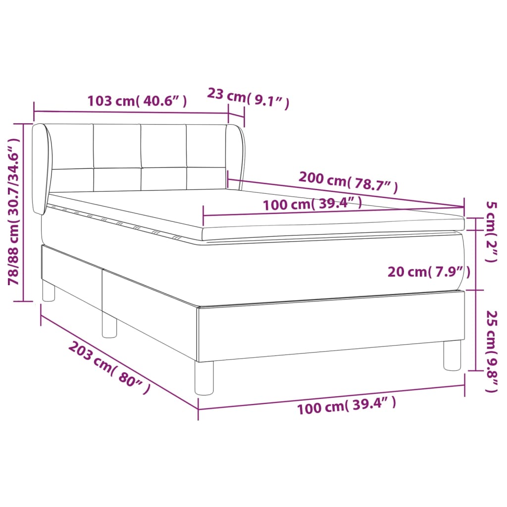 vidaXL Cama com molas/colchão 100x200 cm tecido cinza-escuro