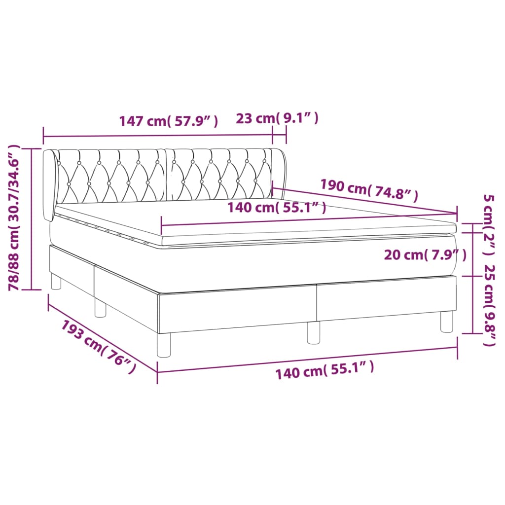 vidaXL Cama com molas/colchão 140x190 cm tecido cor creme