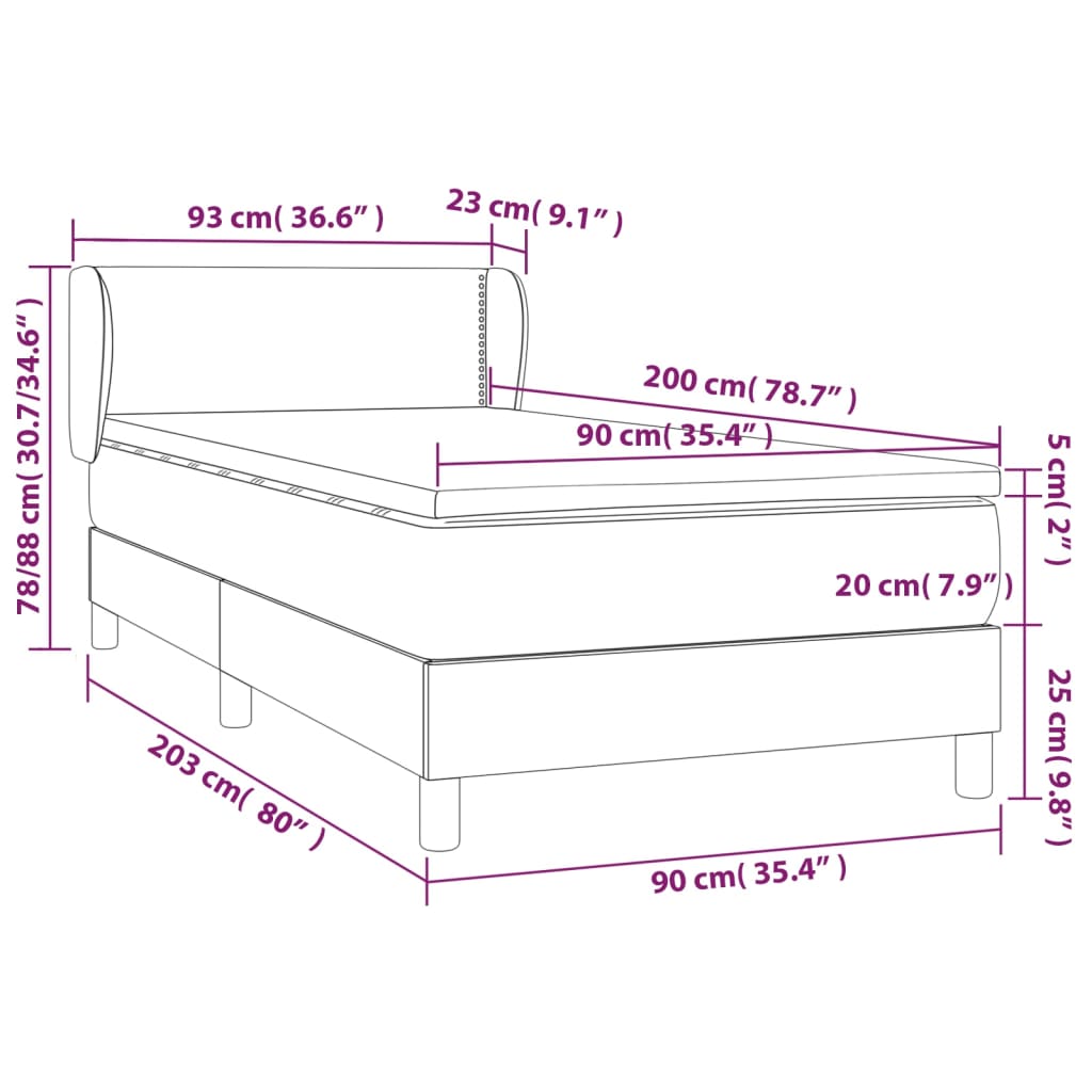 vidaXL Cama com molas/colchão 90x200 cm tecido preto