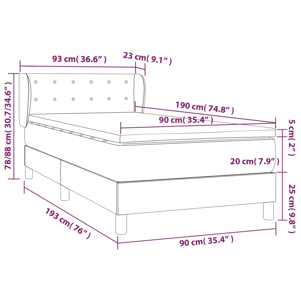 vidaXL Cama com molas/colchão 90x190 cm tecido cinza-escuro