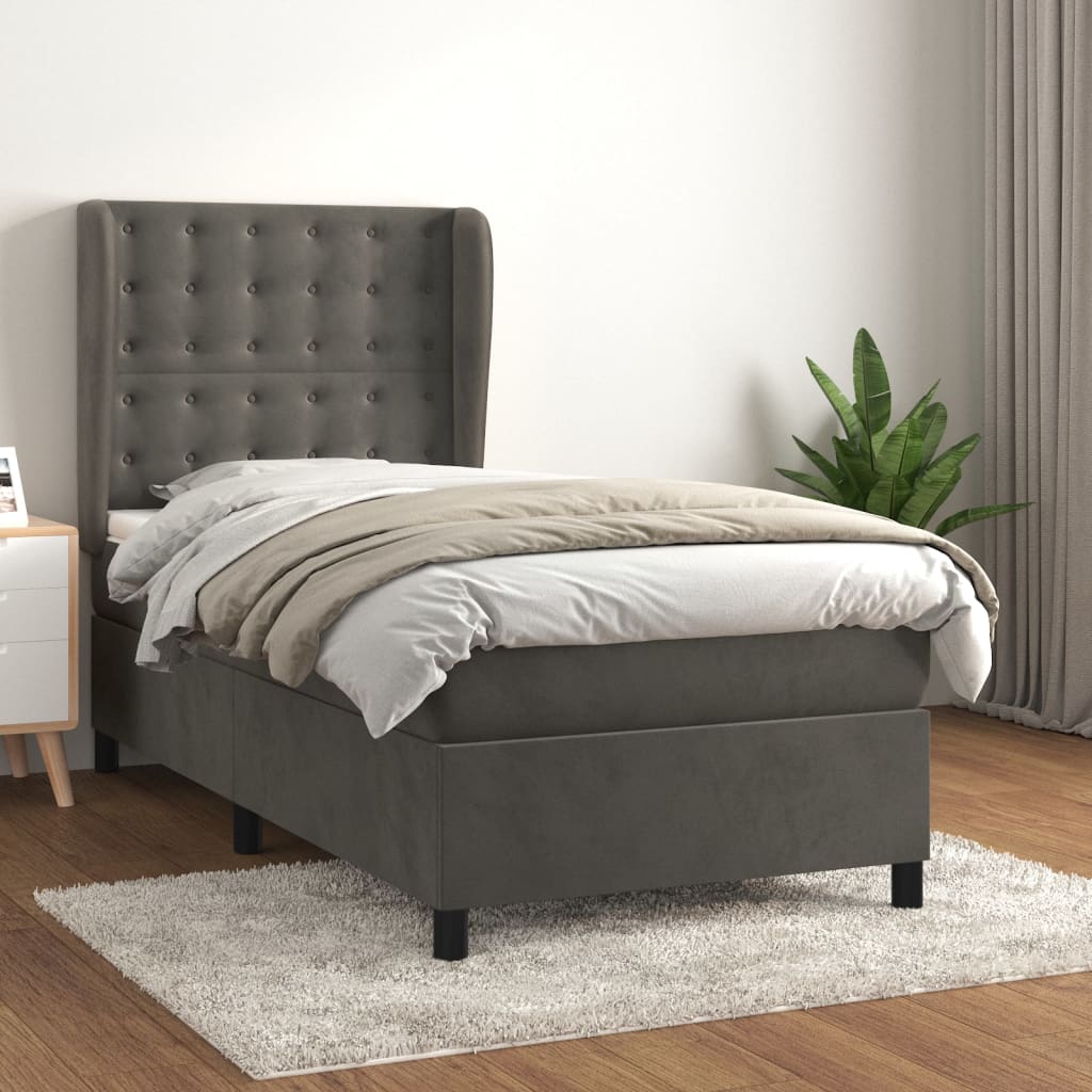 vidaXL Cama com molas/colchão 100x200 cm veludo cinza-escuro