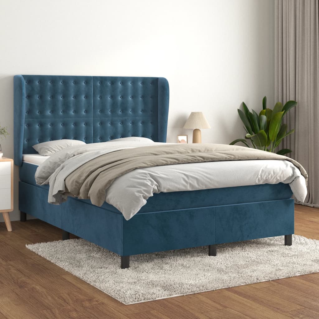 vidaXL Cama com molas/colchão 140x200 cm veludo azul-escuro