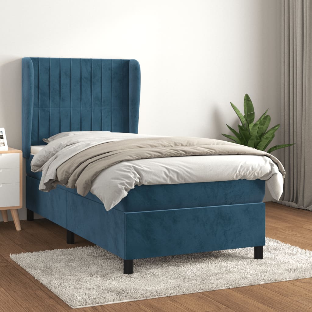 vidaXL Cama com molas/colchão 90x200 cm veludo azul-escuro