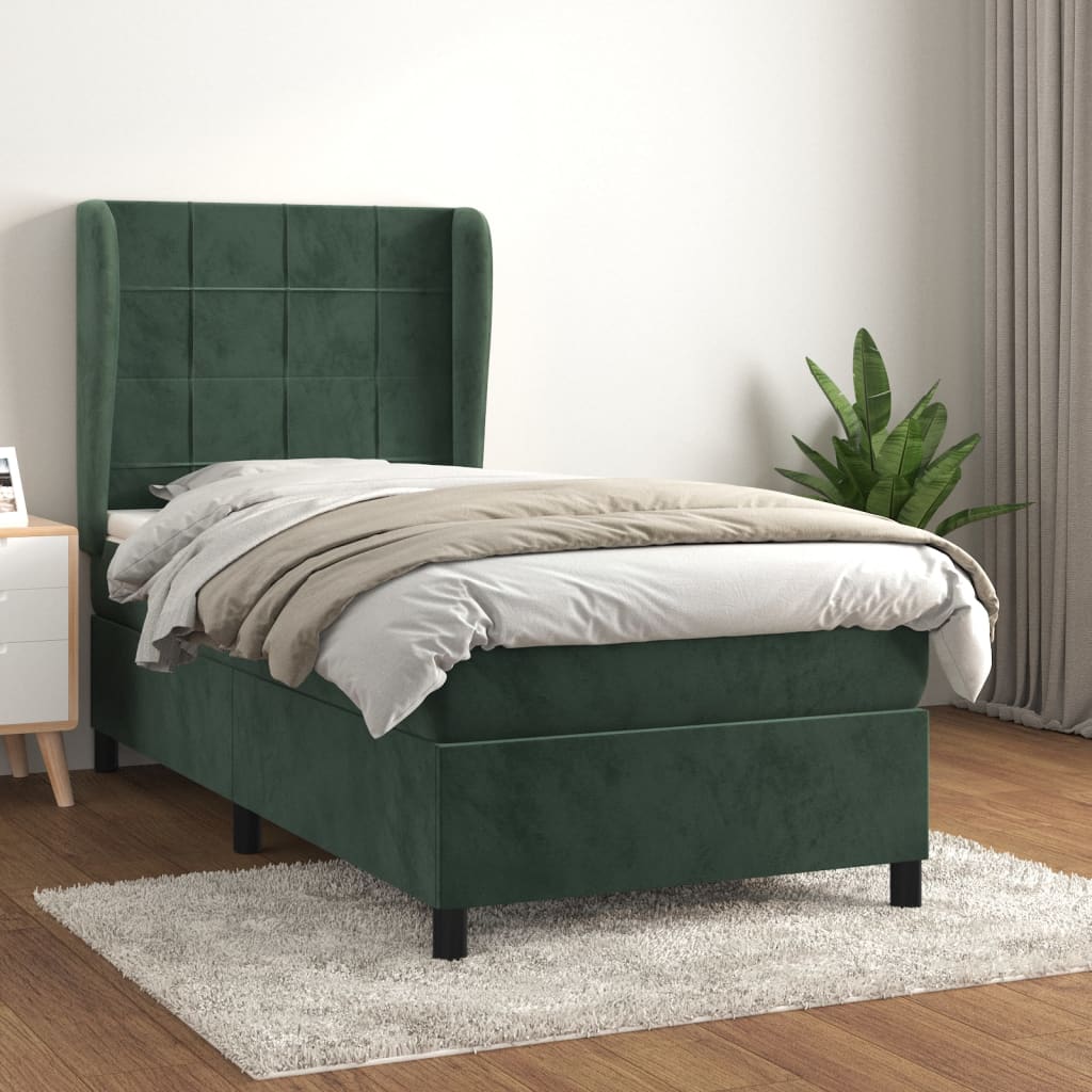 vidaXL Cama com molas/colchão 90x200 cm veludo verde-escuro