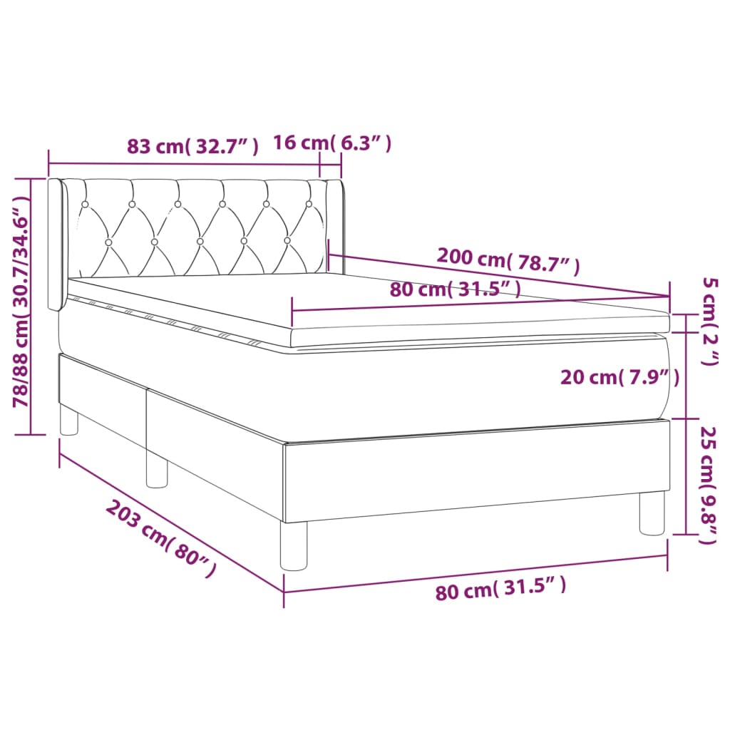 vidaXL Cama com molas/colchão 80x200 cm tecido cinzento-escuro