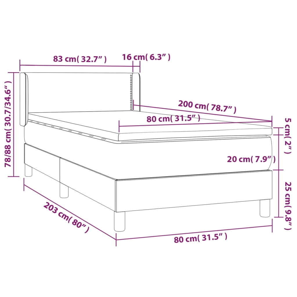 vidaXL Cama com molas/colchão 80x200 cm tecido cinza-claro