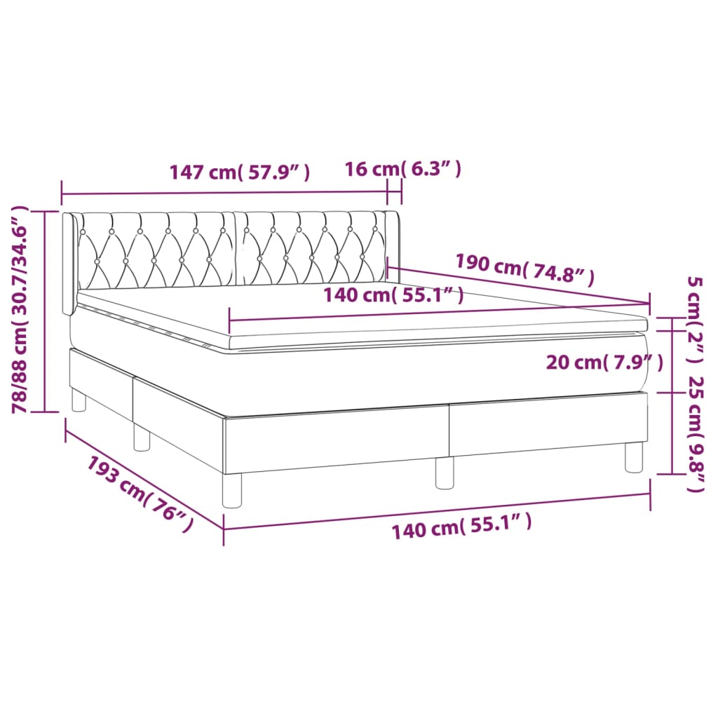 vidaXL Cama com molas/colchão 140x190 cm tecido cinzento-escuro