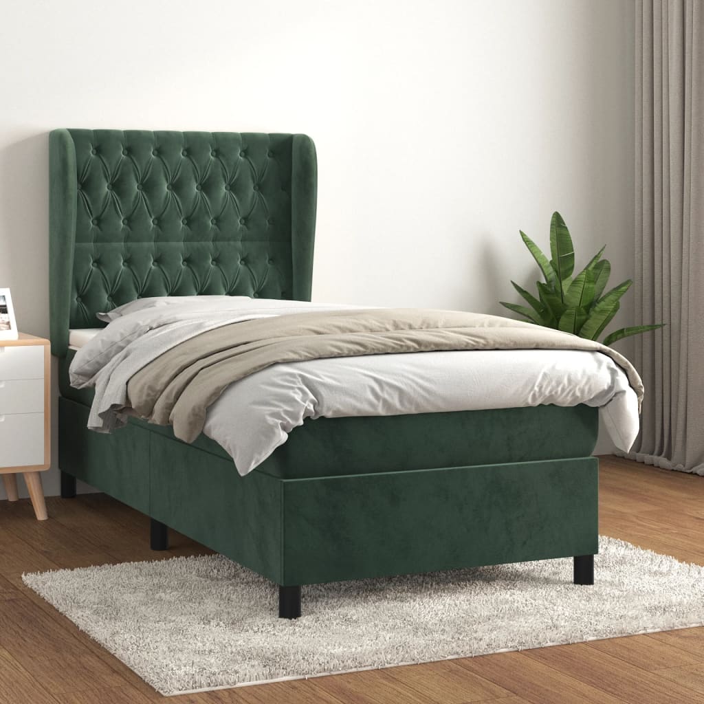 vidaXL Cama com molas/colchão 90x190 cm veludo verde-escuro