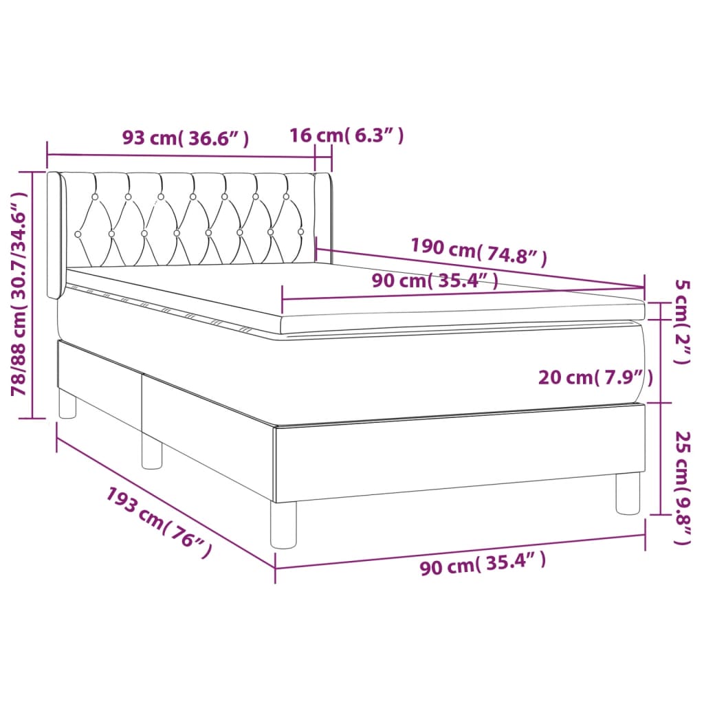 vidaXL Cama com molas/colchão 90x190 cm tecido preto