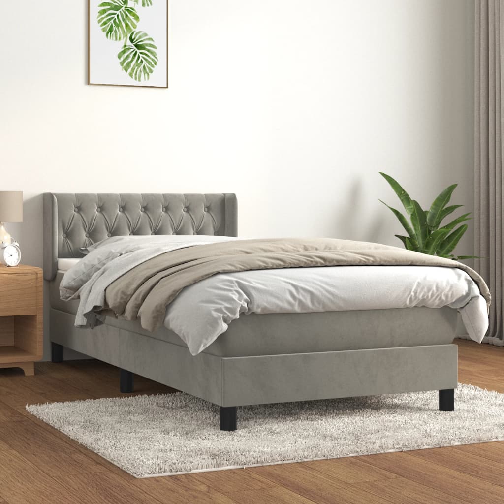 vidaXL Cama com molas/colchão 90x200 cm veludo cinza-claro