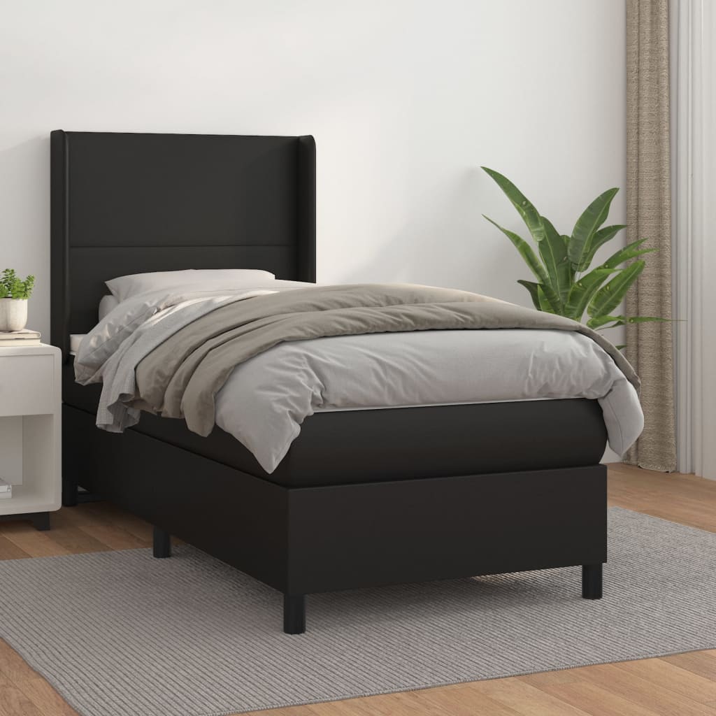 vidaXL Cama com molas/colchão 90x200 cm couro artificial preto