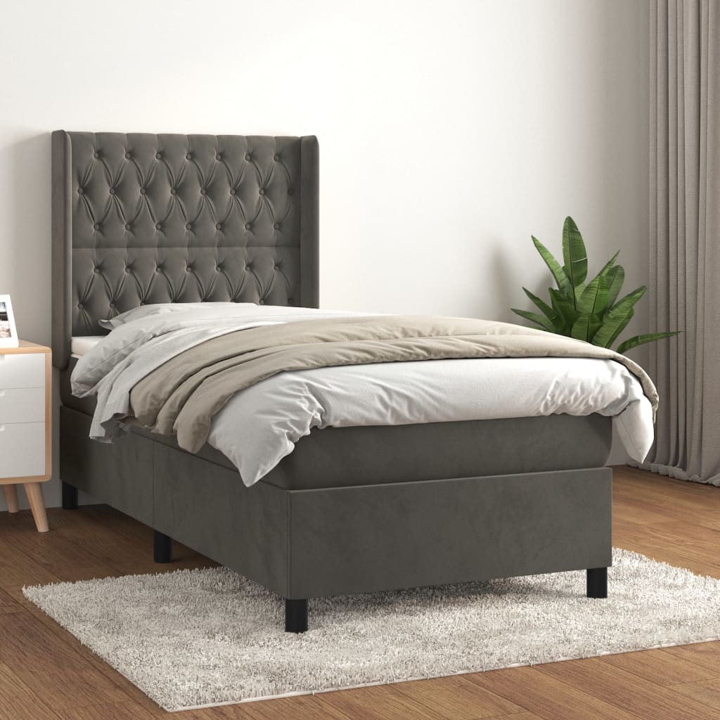 vidaXL Cama com molas/colchão 90x190 cm veludo cinza-escuro