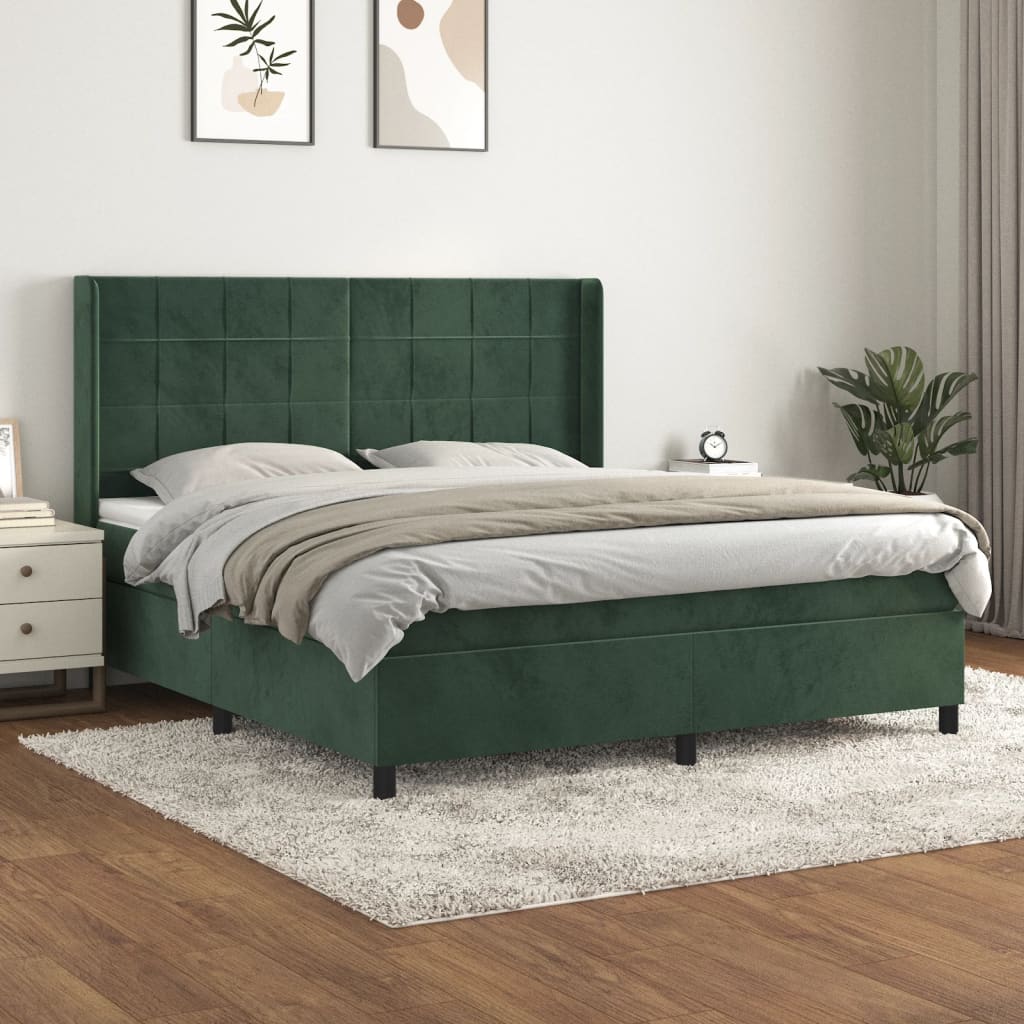 vidaXL Cama com molas/colchão 160x200 cm veludo verde-escuro