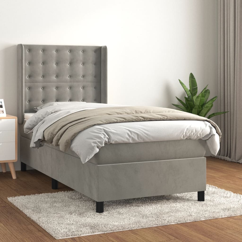 vidaXL Cama com molas/colchão 90x190 cm veludo cinza-claro