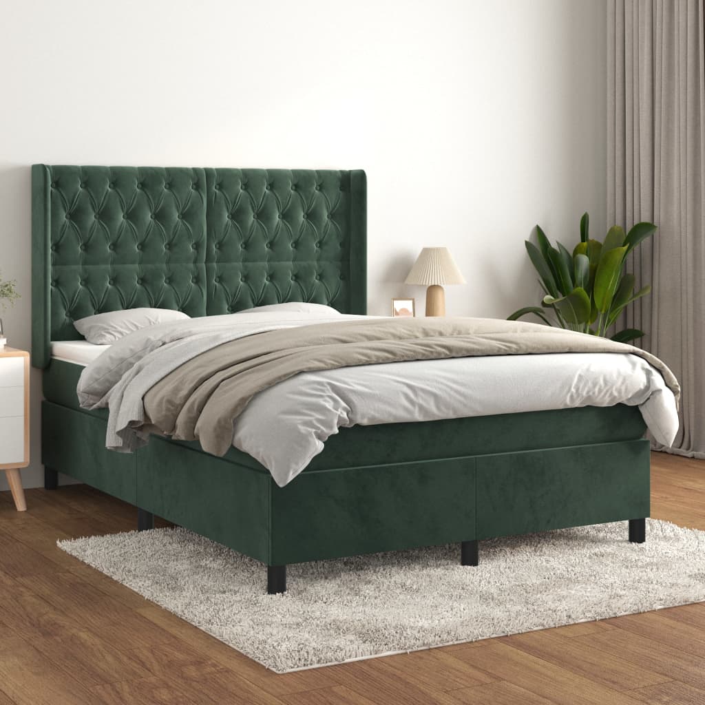 vidaXL Cama com molas/colchão 140x190 cm veludo verde-escuro