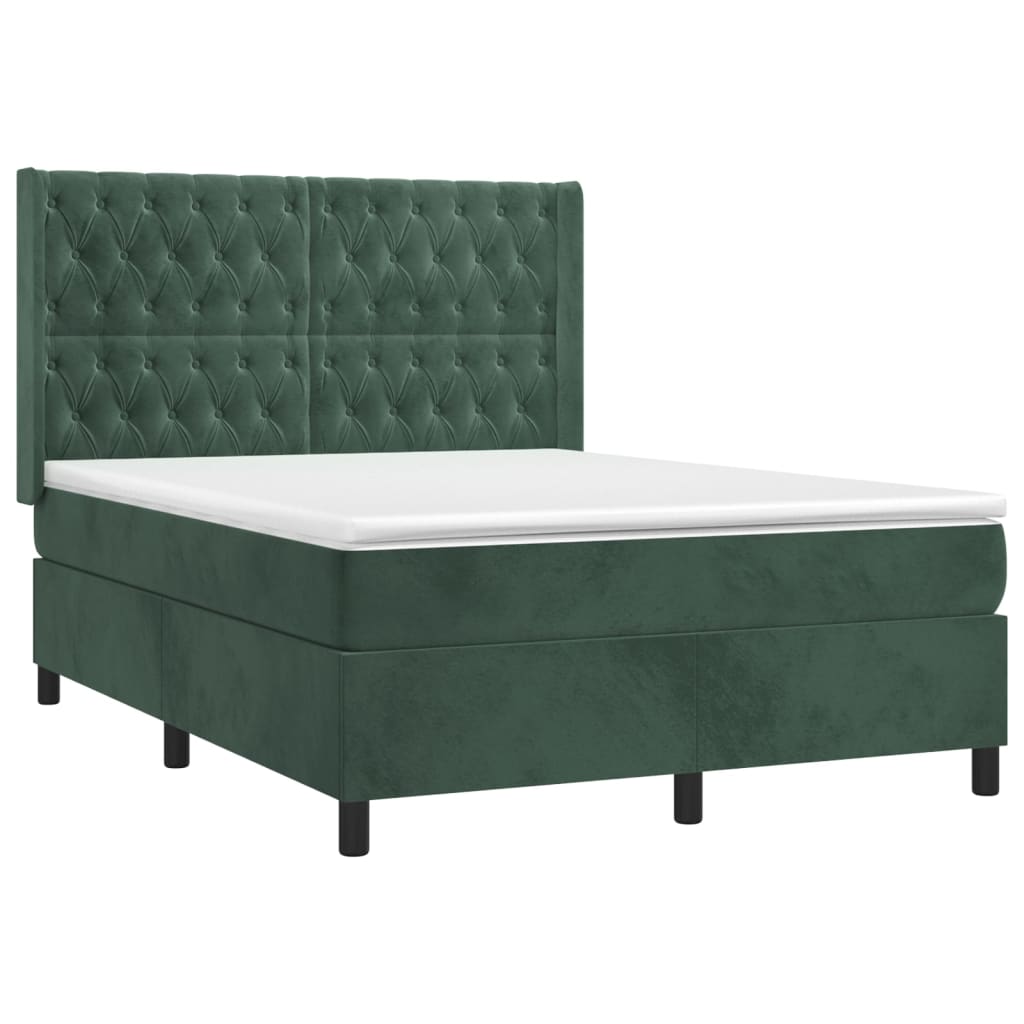 vidaXL Cama com molas/colchão 140x190 cm veludo verde-escuro