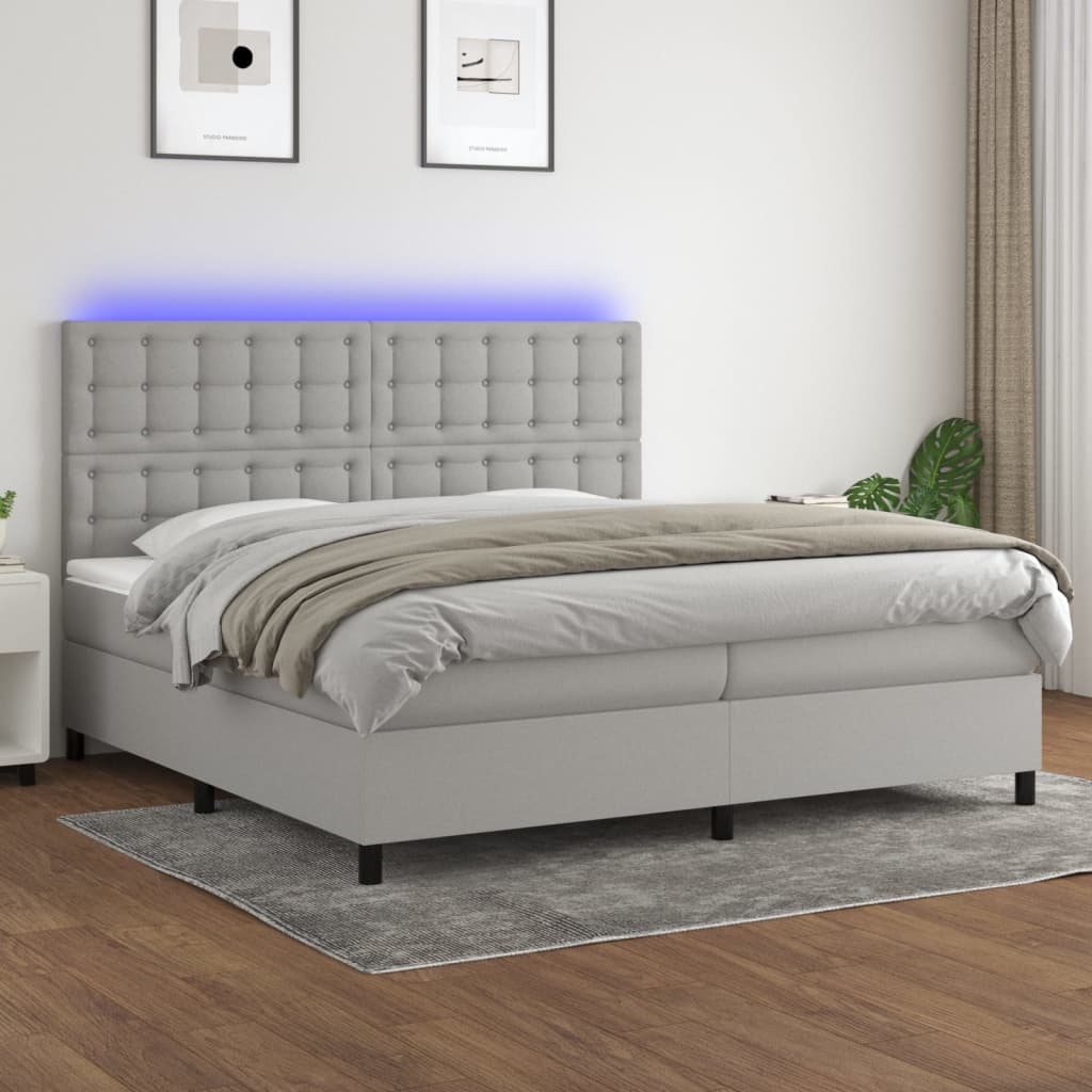 vidaXL Cama box spring c/ colchão e LED 200x200 cm tecido cinza-claro