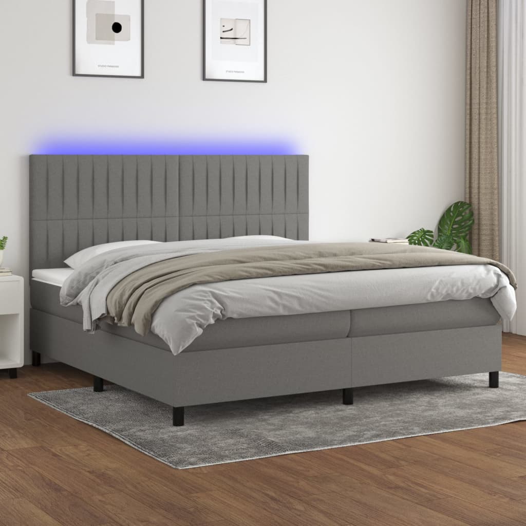 vidaXL Cama box spring c/ colchão e LED 200x200 cm tecido cinza-escuro