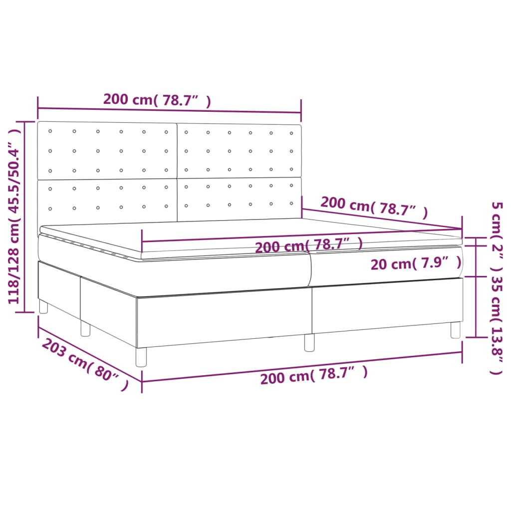 vidaXL Cama box spring c/ colchão e LED 200x200 cm tecido cinza-claro