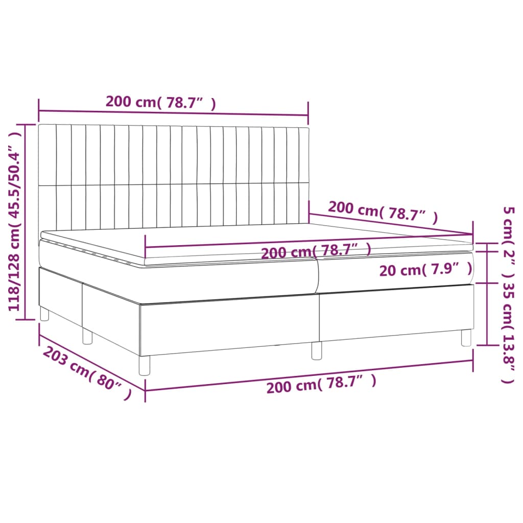 vidaXL Cama box spring c/ colchão e LED 200x200 cm tecido cinza-escuro