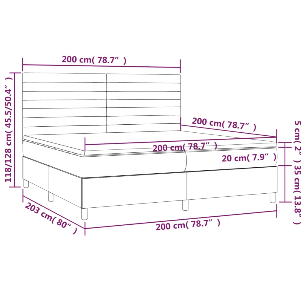 vidaXL Cama box spring c/ colchão e LED 200x200 cm tecido cinza-escuro