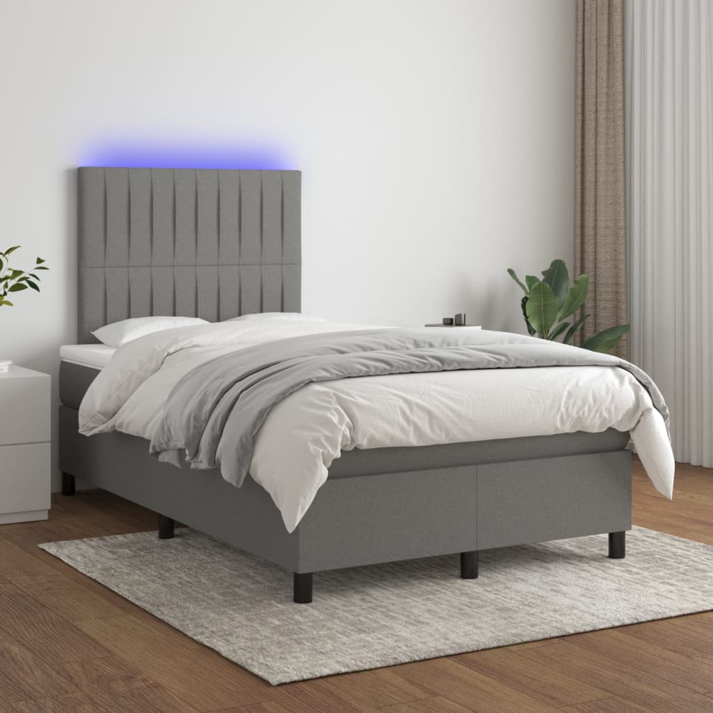 vidaXL Cama box spring c/ colchão e LED 120x200 cm tecido cinza-escuro