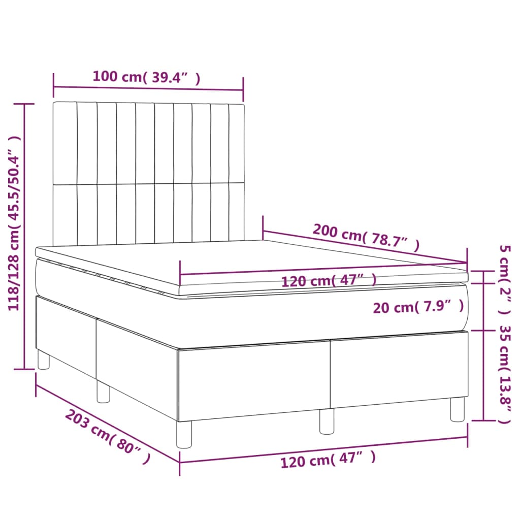 vidaXL Cama box spring c/ colchão e LED 120x200 cm tecido cinza-escuro