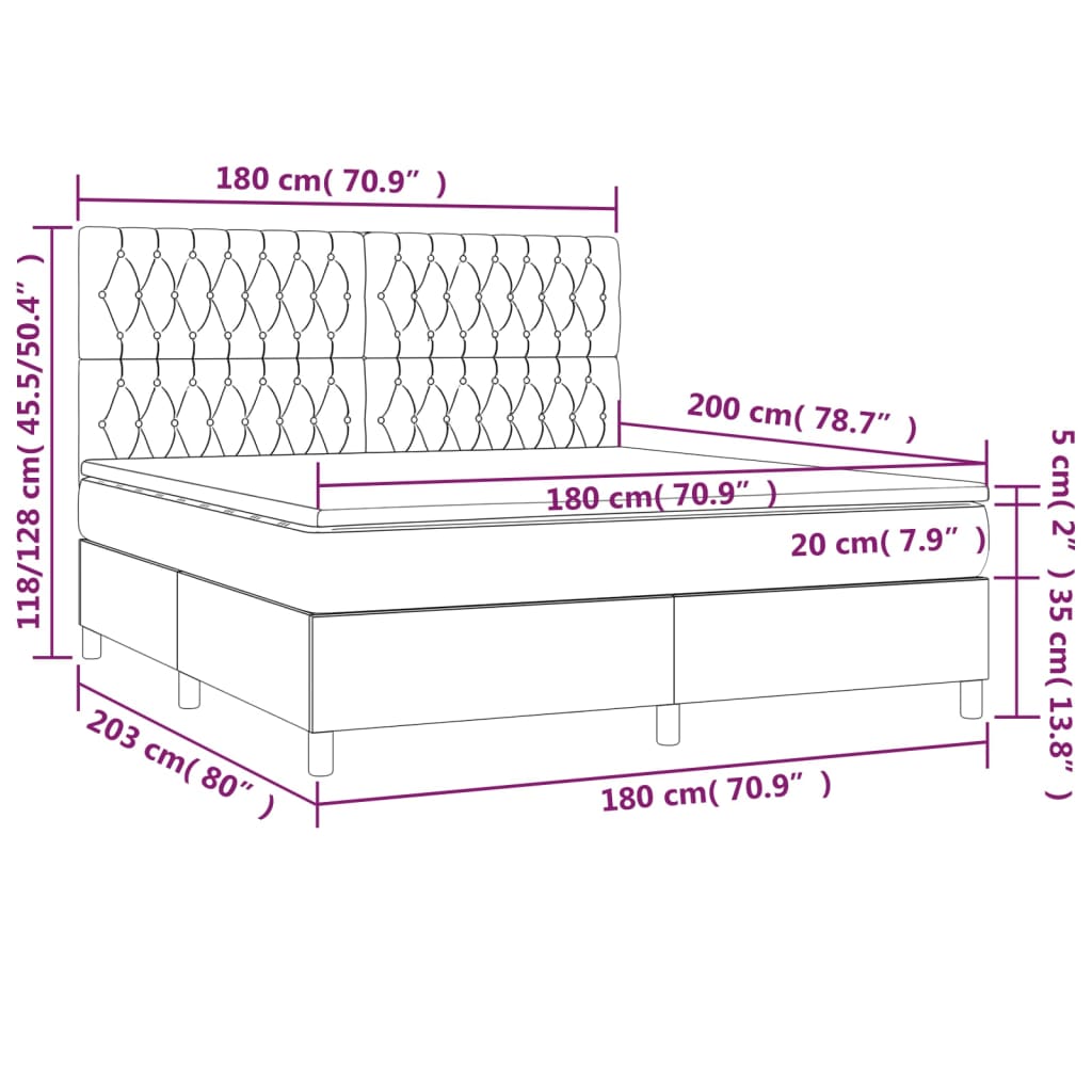 vidaXL Cama box spring c/ colchão e LED 180x200 cm tecido cinza-claro