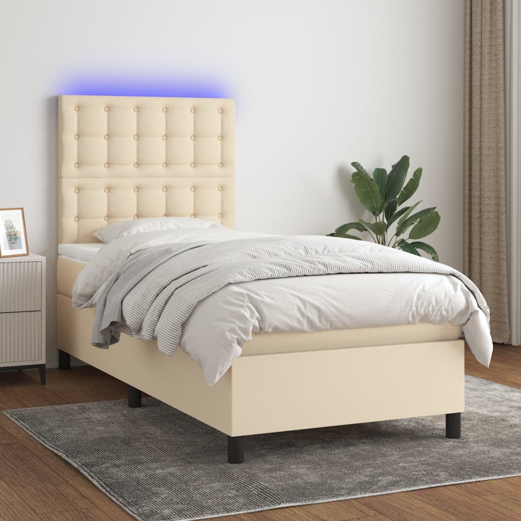 vidaXL Cama box spring c/ colchão e LED 100x200 cm tecido cor creme